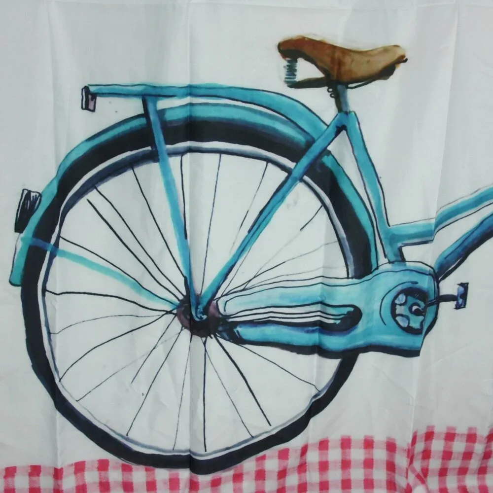 Fabric Shower Curtain Blue Bicycle Bike w Flower Basket Hearts Country Checkered